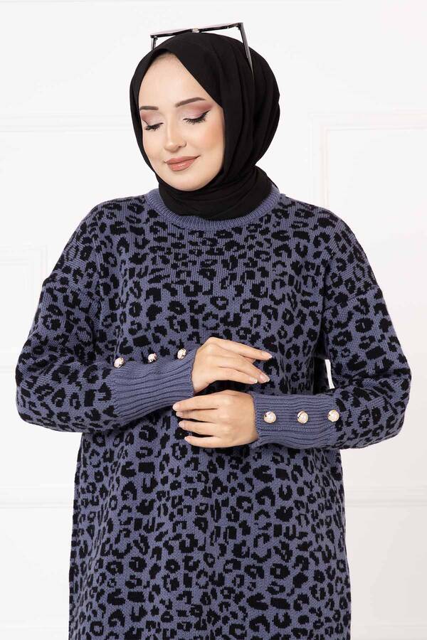 RAF - Kolu Düğme Detaylı Leopar Tunik İndigo (1)