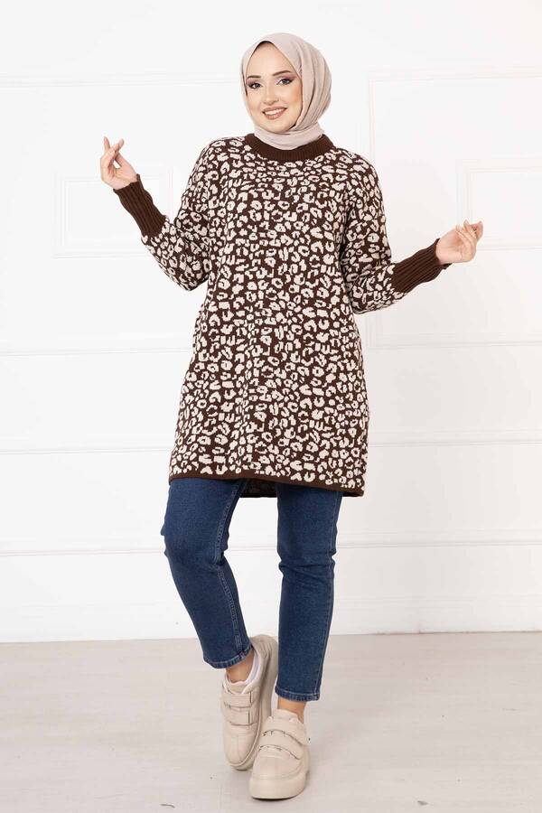 Kolu Düğme Detaylı Leopar Tunik Kahve