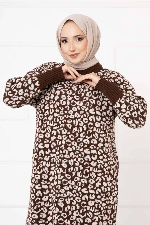 RAF - Kolu Düğme Detaylı Leopar Tunik Kahve (1)