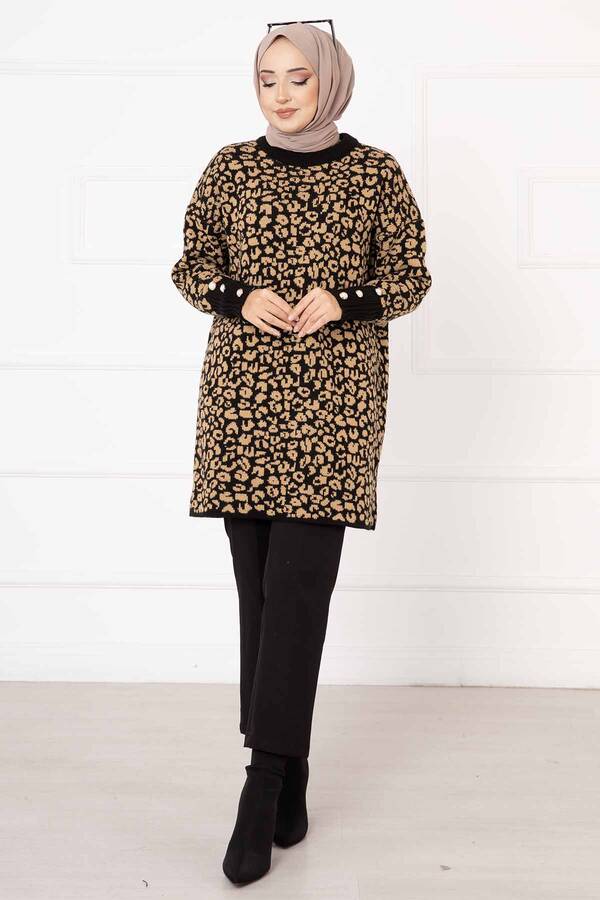 Kolu Düğme Detaylı Leopar Tunik Siyah