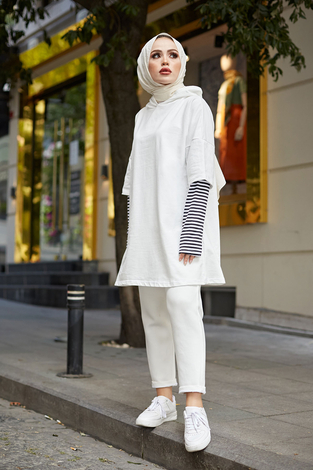 Kolu Garnili Sweat 8212-2 Beyaz - Thumbnail