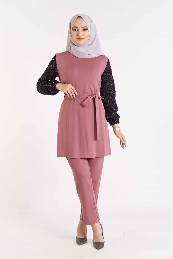 Kolu Payetli İkili Takım 100MD3506 Gül Kurusu Kolu Payetli İkili Takım 100MD3506 Gül Kurusu