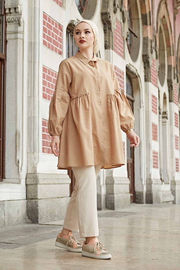 SAG - Kolu Pileli Poplin Gömlek 160SAG6284 Camel (1)
