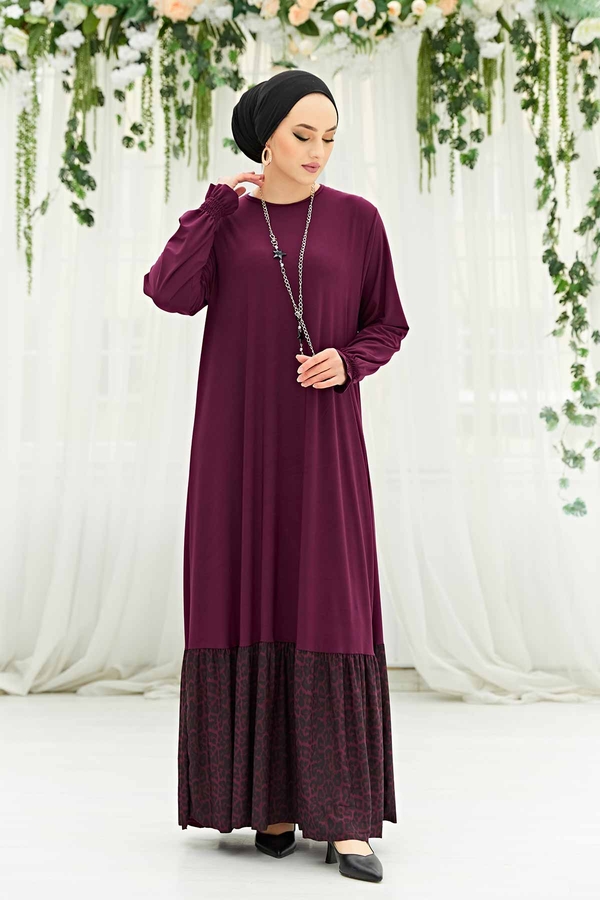 Eml - Kolyeli Leoparlı Sandy Elbise 590EML-12745 Mürdüm