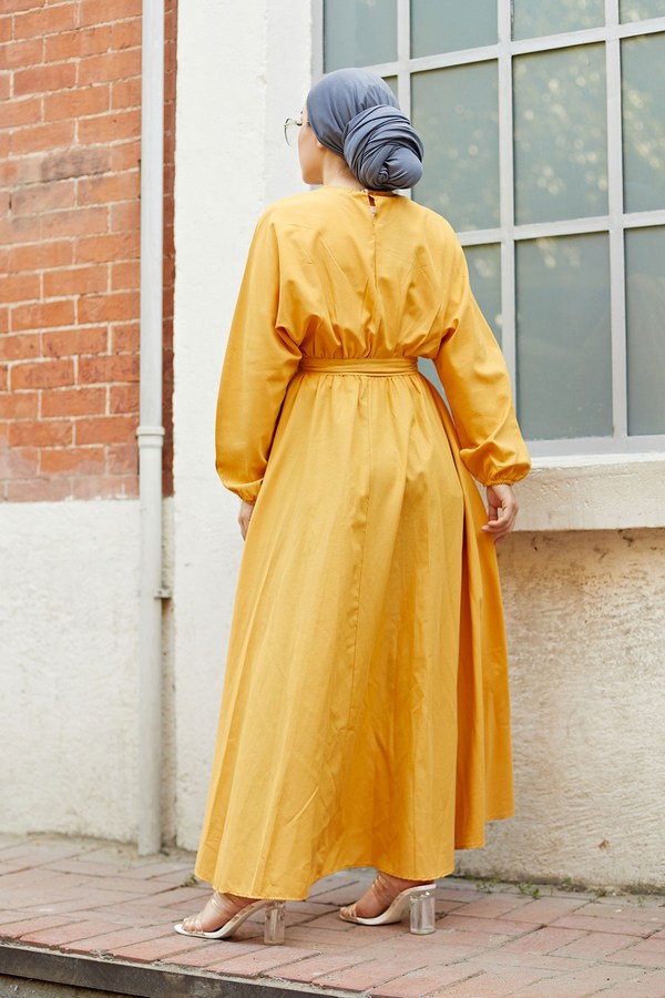 Düz Renk Mevlana Tesettür Elbise 8534-2 Sarı