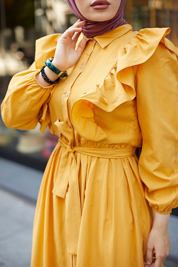 Fırfırlı Boydan Düğmeli Tesettür Elbise 3477-1 Sarı