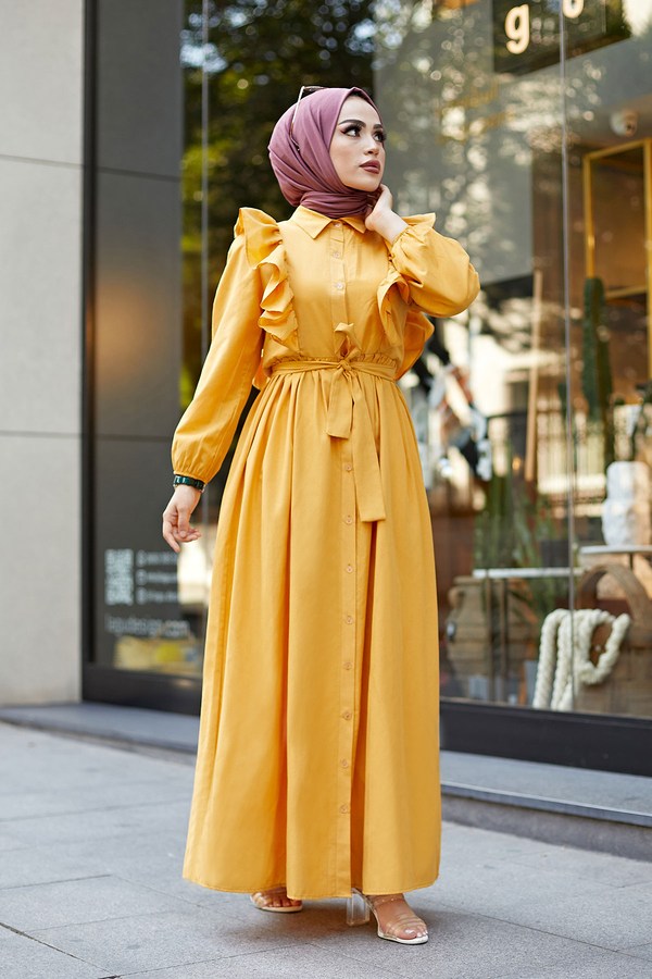 Fırfırlı Boydan Düğmeli Tesettür Elbise 3477-1 Sarı