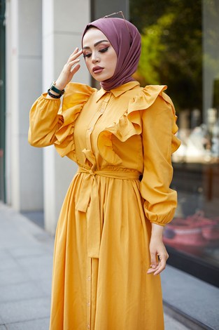 Fırfırlı Boydan Düğmeli Tesettür Elbise 3477-1 Sarı - Thumbnail