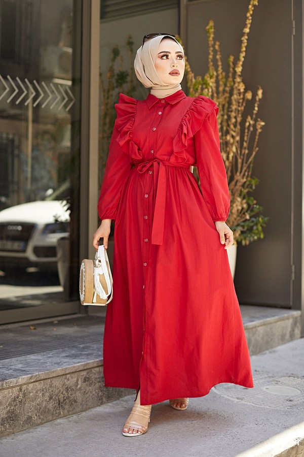 Fırfırlı Boydan Düğmeli Elbise 3477-2 Kırmızı