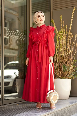 Fırfırlı Boydan Düğmeli Elbise 3477-2 Kırmızı - Thumbnail