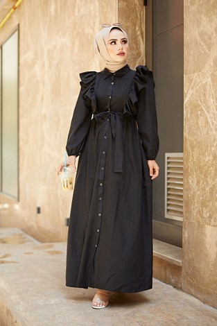 Fırfırlı Boydan Düğmeli Tesettür Elbise 3477-4 Siyah - Thumbnail