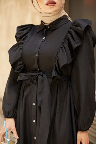 Fırfırlı Boydan Düğmeli Tesettür Elbise 3477-4 Siyah - Thumbnail