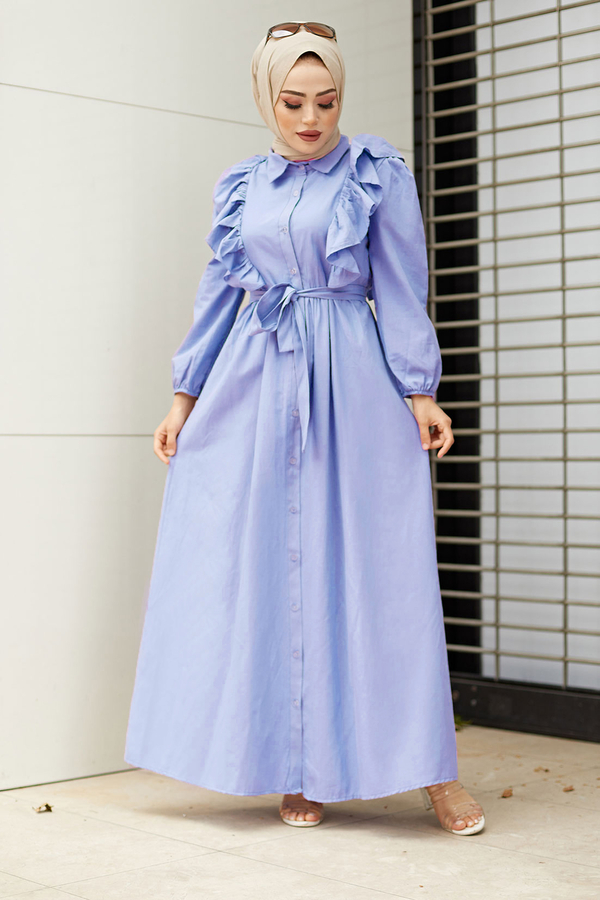 Fırfırlı Boydan Düğmeli Tesettür Elbise 540KPS-3477 Bebe mavisi