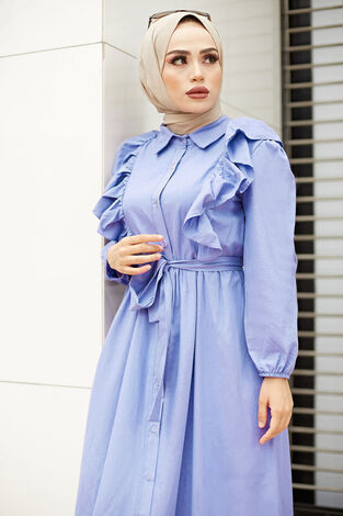 Fırfırlı Boydan Düğmeli Tesettür Elbise 540KPS-3477 Bebe mavisi - Thumbnail