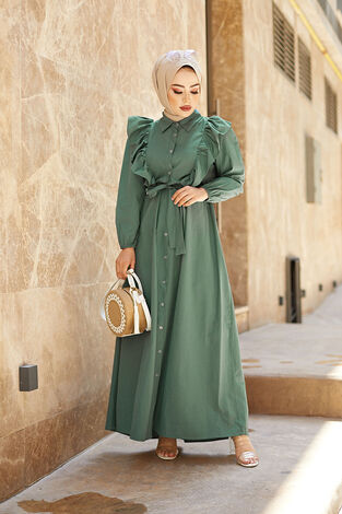 Fırfırlı Boydan Düğmeli Tesettür Elbise 540KPS-3477 Haki - Thumbnail