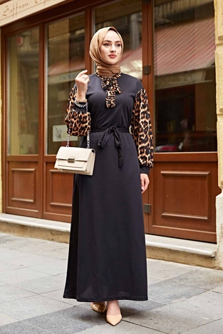 Kravatlı Leopar Desenlli Elbise 350TH3008 Siyah - Thumbnail