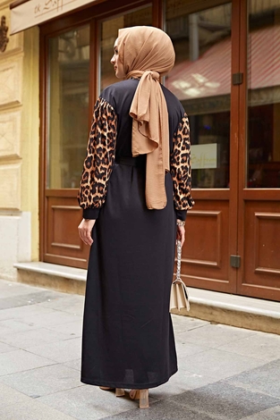 Kravatlı Leopar Desenlli Elbise 350TH3008 Siyah - Thumbnail