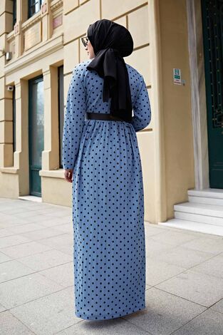 Kravatlı Puantiyeli Tesettür Elbise 120NY-6733 İndigo - Thumbnail