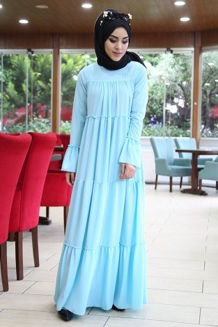 Krep Fırfırlı Elbise 3085-14 K.Bebe mavisi - Thumbnail