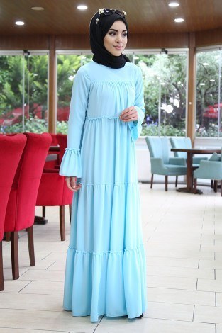Krep Fırfırlı Elbise 3085-14 K.Bebe mavisi - Thumbnail