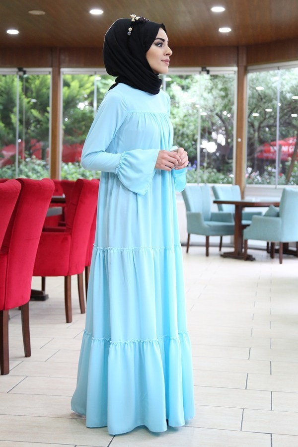 Krep Fırfırlı Elbise 3085-14 K.Bebe mavisi