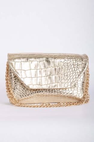 Kroko Desen Zincir Askılı Portföy Çanta Gold