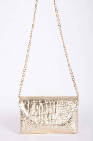 Kroko Desen Zincir Askılı Portföy Çanta Gold - Thumbnail