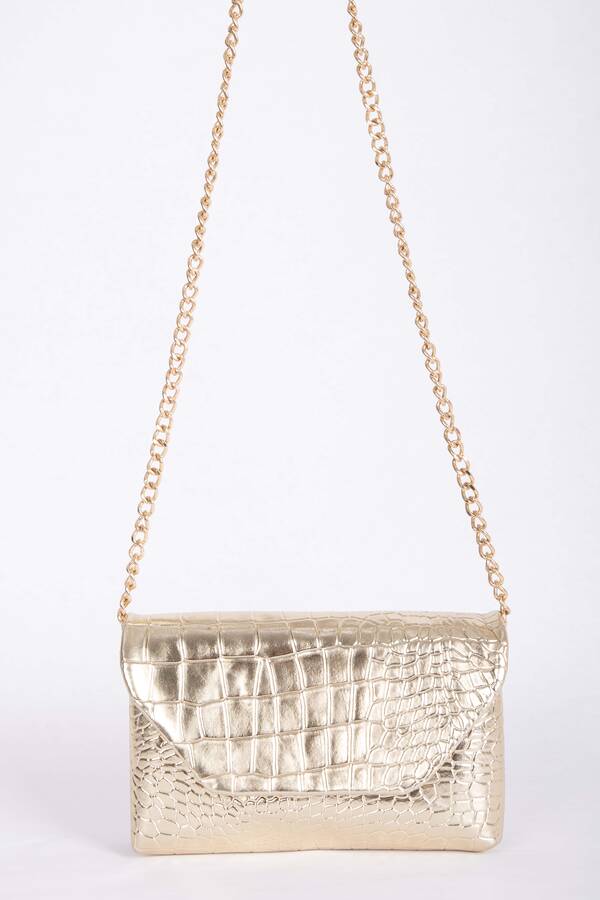 Dmç - Kroko Desen Zincir Askılı Portföy Çanta Gold (1)