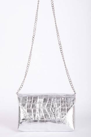 Kroko Desen Zincir Askılı Portföy Çanta Gümüş - Thumbnail