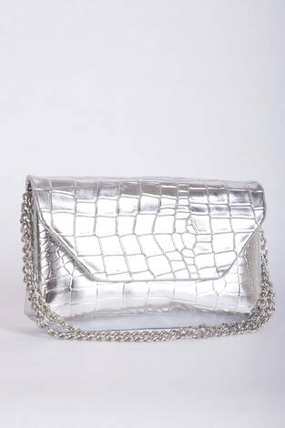 Kroko Desen Zincir Askılı Portföy Çanta Gümüş - Thumbnail