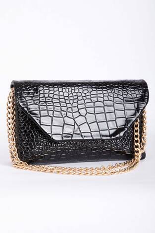 Kroko Desen Zincir Askılı Portföy Çanta Siyah - Thumbnail