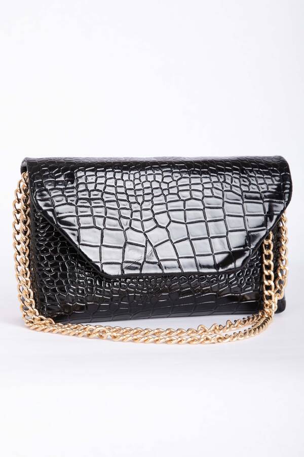 Dmç - Kroko Desen Zincir Askılı Portföy Çanta Siyah