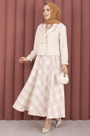 Kruvaze Ceket Ekose Etek Tesettür Takım Bej