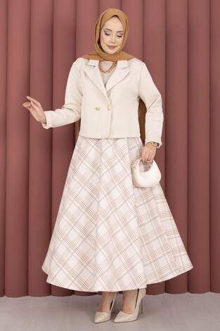 Kruvaze Ceket Ekose Etek Tesettür Takım Bej - Thumbnail