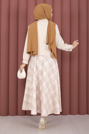 Kruvaze Ceket Ekose Etek Tesettür Takım Bej - Thumbnail