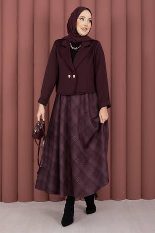 Kruvaze Ceket Ekose Etek Tesettür Takım Bordo - Thumbnail