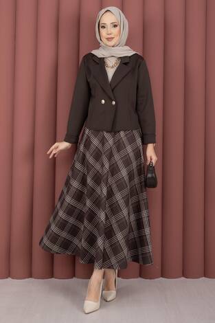 Kruvaze Ceket Ekose Etek Tesettür Takım Kahve - Thumbnail