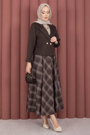 Kruvaze Ceket Ekose Etek Tesettür Takım Kahve - Thumbnail
