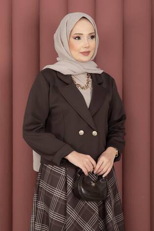 Kruvaze Ceket Ekose Etek Tesettür Takım Kahve - Thumbnail
