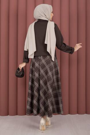 Kruvaze Ceket Ekose Etek Tesettür Takım Kahve - Thumbnail