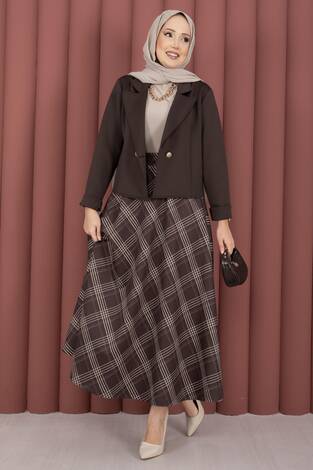 Kruvaze Ceket Ekose Etek Tesettür Takım Kahve