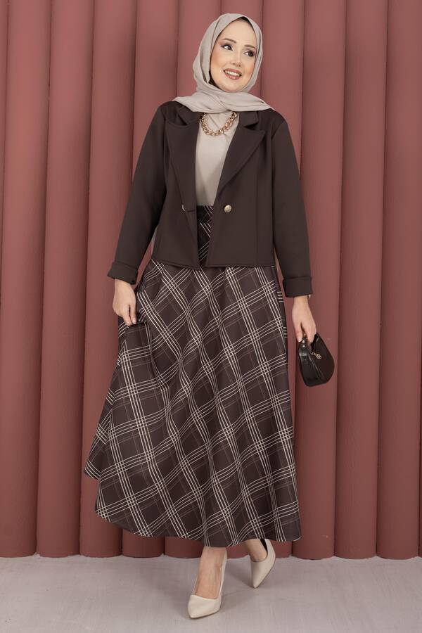 Ums - Kruvaze Ceket Ekose Etek Tesettür Takım Kahve