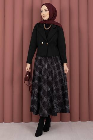 Kruvaze Ceket Ekose Etek Tesettür Takım Siyah - Thumbnail