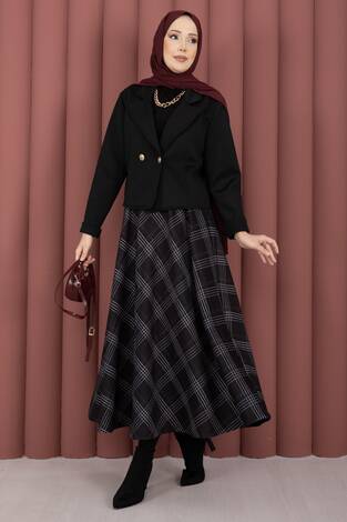 Kruvaze Ceket Ekose Etek Tesettür Takım Siyah