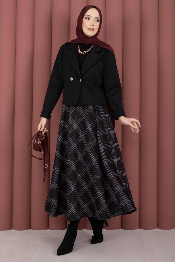 Ums - Kruvaze Ceket Ekose Etek Tesettür Takım Siyah