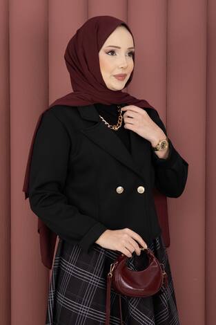 Kruvaze Ceket Ekose Etek Tesettür Takım Siyah - Thumbnail