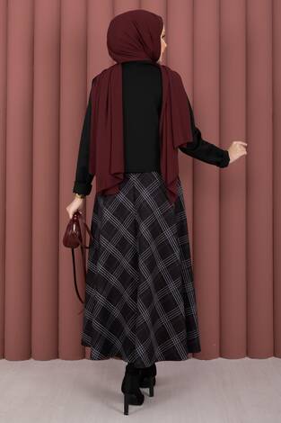 Kruvaze Ceket Ekose Etek Tesettür Takım Siyah - Thumbnail