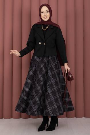 Kruvaze Ceket Ekose Etek Tesettür Takım Siyah - Thumbnail