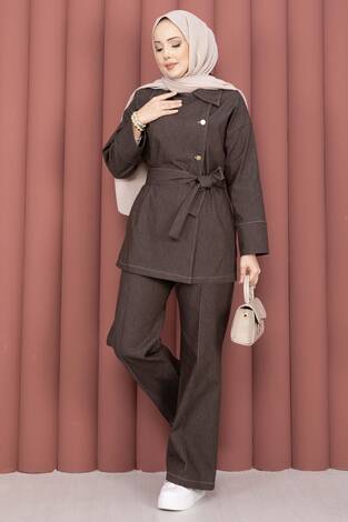 Kruvaze Yaka Gold Düğmeli İkili Kot Takım Kahve - Thumbnail