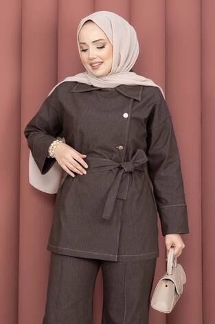 Kruvaze Yaka Gold Düğmeli İkili Kot Takım Kahve - Thumbnail